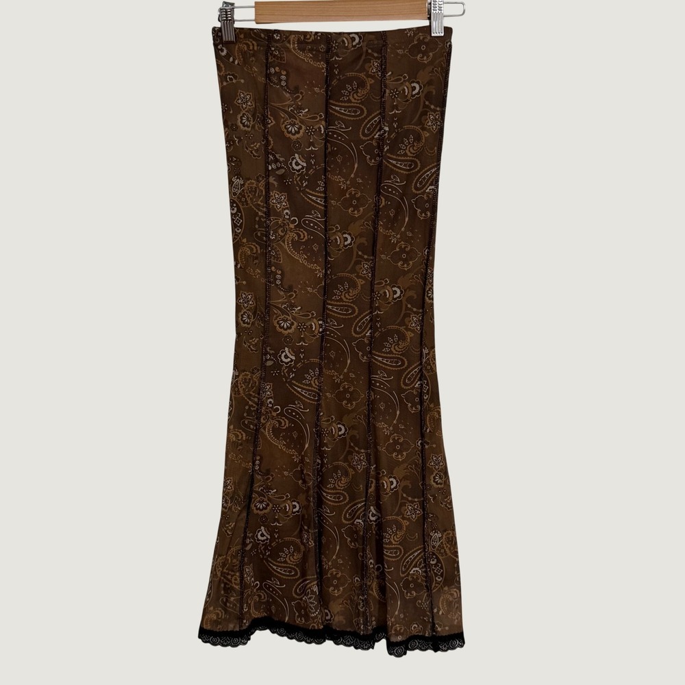 Brown Paisley Maxi Skirt Womens Lace Trim Mermaid Flare Boho Y2K Whimsigoth